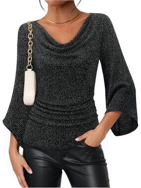 Women's Black Elegant Cowl Neck 3/4 Sleeve Dressy Casual Outfit Sparkly Tops